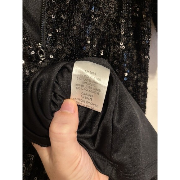 Black Sequin Dress Small Puff Short-Sleeves Glam Fem Sparkle High Neck Holiday - Picture 5 of 5